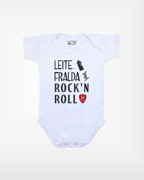 Body de Bebê Divertido Frase Leite Fralda e Rock'n Roll