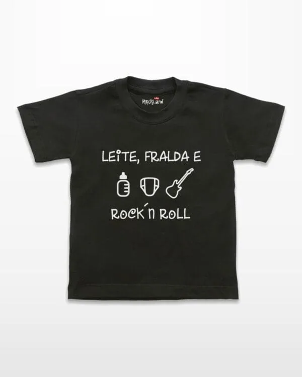 Camiseta Infantil de Rock Leite Fralda e Rock n' Roll