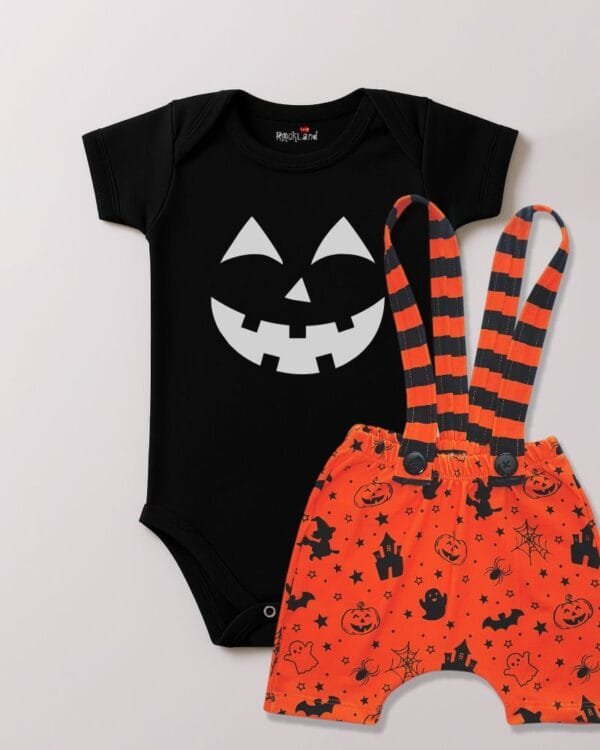 Conjunto Halloween Bebê Body Abóbora + Jardineira