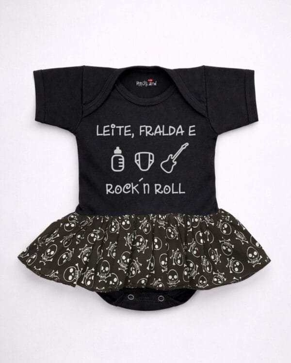 Body Saia Bebê rock Leite, Fralda e Rock´n Roll