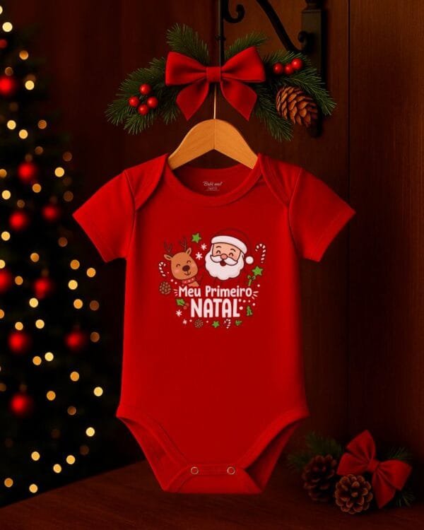 Body Bebê Meu Primeiro Natal Noel e Rena
