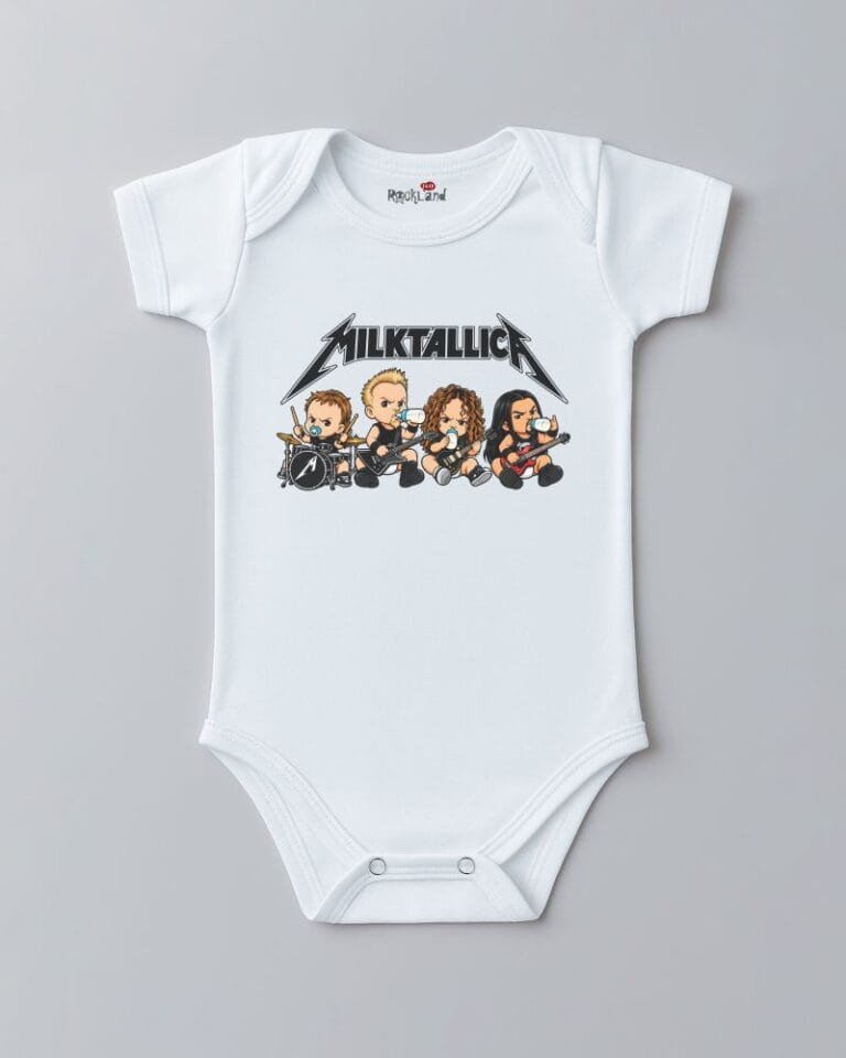 Body de bebê divertido cartoon do Milktallica branco