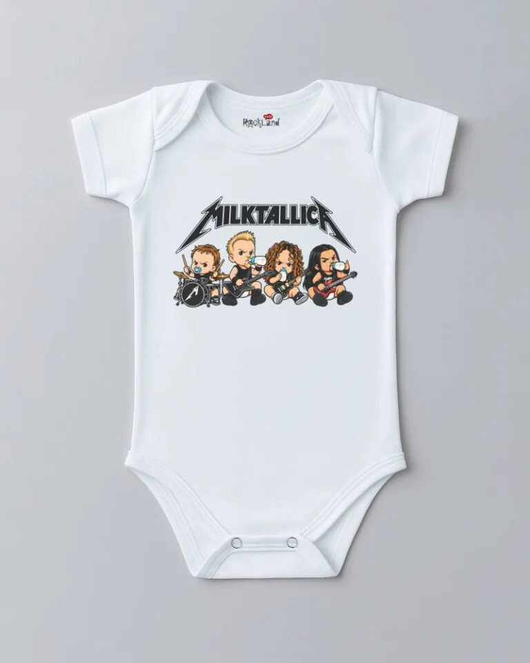 Body de bebê divertido cartoon do Milktallica branco